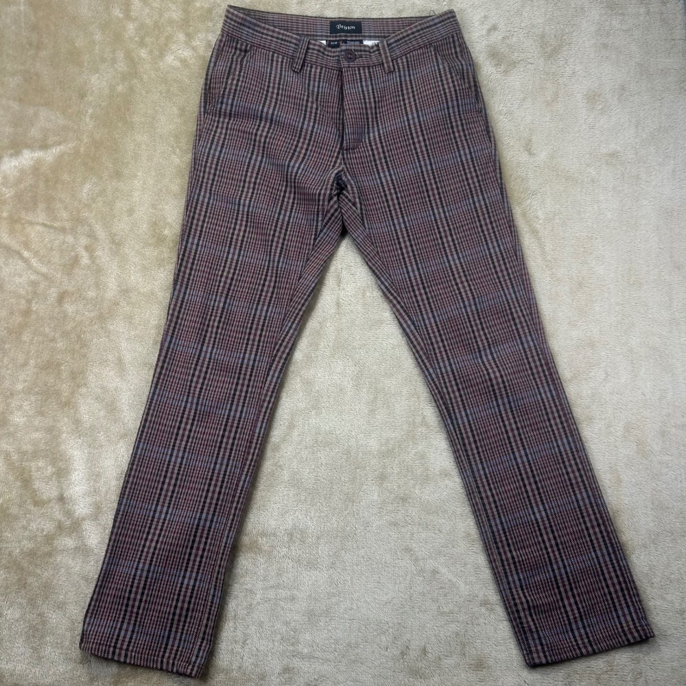Brixton Reserve Pant Mens 32x32 Standard Fit Plaid Chino Trousers Brown Burgundy